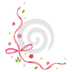 Ribbon with bow and flowers. Beautiful decorative natural plants and leaves.