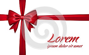 Ribbon bow for gift, isolated white background. Red satin design festive frame. Decorative Christmas, Valentine day card