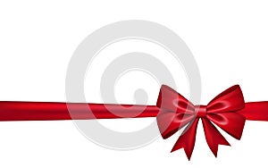 Ribbon bow gift, isolated white background. Red satin design festive frame. Decorative Christmas, Valentine day card