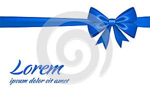 Ribbon bow gift, isolated white background. Satin blue design festive frame. Decorative Christmas, Valentine day card