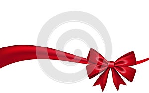 Ribbon bow for gift, isolated white background. Satin red design festive frame. Decorative Christmas, Valentine day card