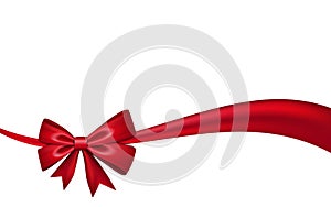 Ribbon bow gift, isolated white background. Satin red design festive frame. Decorative Christmas, Valentine day card