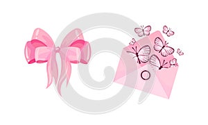 Ribbon Bow and Pink Envelope with Butterfly as Ballet Accessory Vector Set