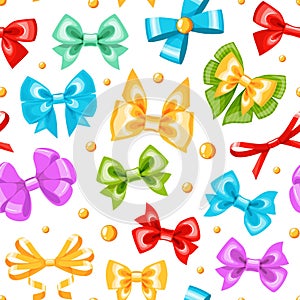 Ribbon bow seamless pattern. Colorful different bowknots, holiday wrapper decorative elements, festive gift pack tying