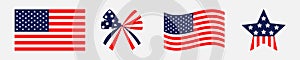 Ribbon bow Star shape American flag wave icon set line. Stars and strips . Isolated. Red and blue color. White background. Holiday