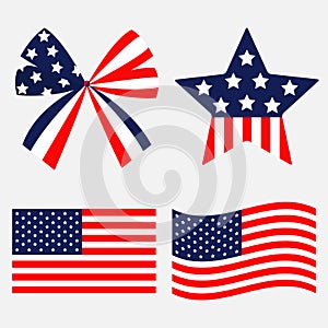 Ribbon bow Star shape American flag wave icon set. Stars and strips . Isolated. Red and blue color. White background. Holiday sign