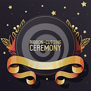 Ribbon-cutting ceremony advertisement banner vector illustration. Golden textured curly ribbons on black background