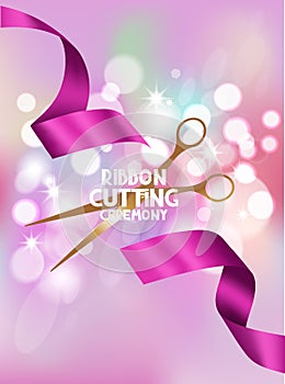 Ribbon cutting ceremony card with pink ribbon and bokeh background