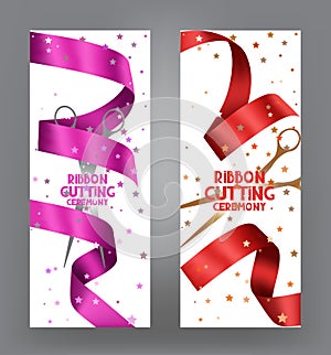 Ribbon cutting ceremony cards with pink ribbon and bokeh background