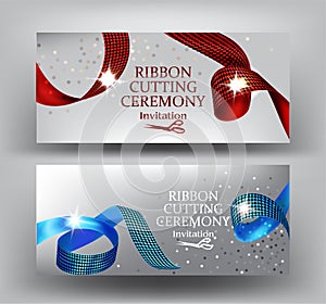Ribbon cutting ceremony invitation banners with curly red and blue with print ribbons.