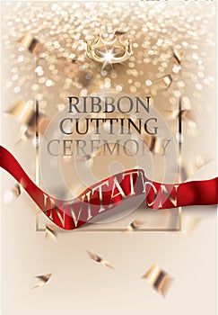 Ribbon cutting ceremony invitation card with gold confetti and red silk ribbon. Vector illustration