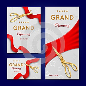 Ribbon cutting with scissors grand opening ceremony vector invitation cards, banners