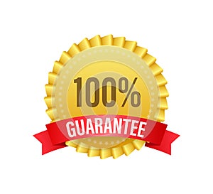 Ribbon with gold 100 guarantee. Banner sale. Business circle. Approval icon. Vector stock illustration.