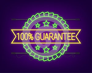 Ribbon with gold 100 guarantee. Banner sale. Business circle. Approval neon icon. Vector stock illustration.