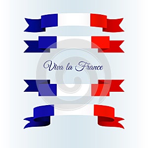 Ribbon icons flag of France on a light background Set Brochure banner layout with wavy lines of French flag ribbons Viva la France