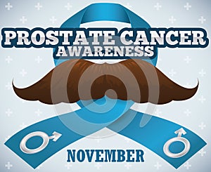 Ribbon and Mustache for Prostate Cancer Awareness Campaign in November, Vector Illustration