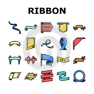 ribbon red banner design gift icons set vector