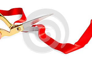 Ribbon and scissors on white background. Ceremonial red tape cutting