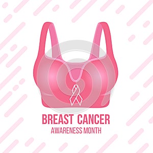 Ribbon sign on Pink Women`s bras and Breast Cancer Awareness month tex t vector design photo