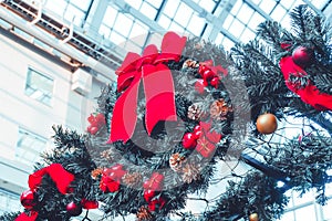 Ribbon tied on Christmas tree for archway