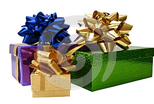 Ribbon tied gift boxes over white background