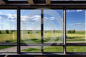 ribbon windows displaying a panoramic view of a summer prairie