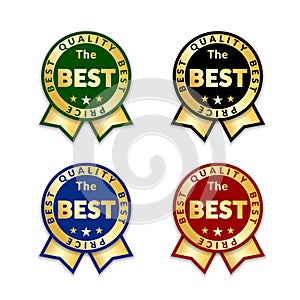 Ribbons award best price label set. Gold ribbon award icon isolated white background. Best quality golden label for