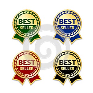 Ribbons award best seller set. Gold ribbon award icon isolated white background. Bestseller golden tag sale label, badge