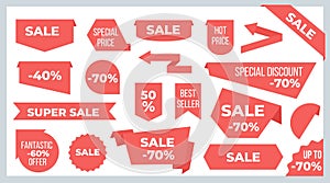 Ribbons and banners. Sale price tags and discount offer stickers graphic design template. Vector ribbon labels