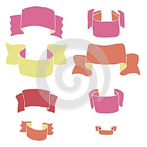 Ribbons, big hand drawn set of design elements, banners, labels isolated on white background.