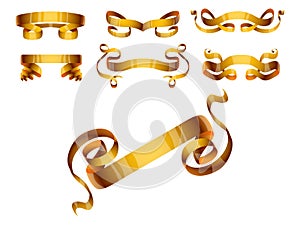 Ribbons realistic gold vector tape flag banner with stitch band detailing for your design project shiny bow decorative