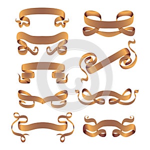 Ribbons realistic gold vector tape flag banner with stitch band detailing for your design project shiny bow decorative