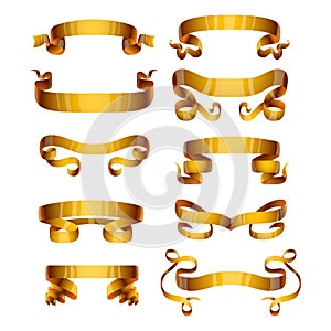 Ribbons realistic gold vector tape flag banner with stitch band detailing for your design project shiny bow decorative