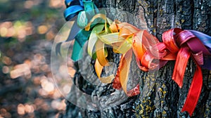 Ribbons of resilience tied around an ancient tree, symbolizing torture survival stories. International Day in Support of