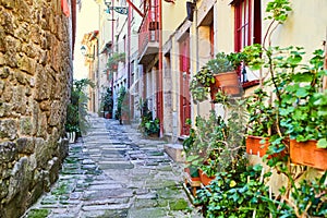 Ribeira Old Town of Porto in Portugal, sloping, narrow, medieval alley and traditional houses, historic city centre