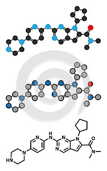 Ribociclib cancer drug molecule CDK4/6 inhibitor. Stylized 2D renderings and conventional skeletal formula.