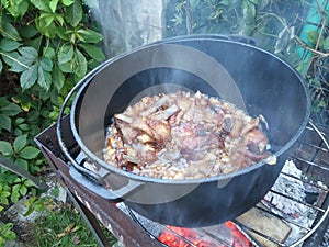 Ribs in a cauldron on a fire