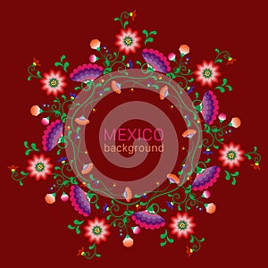 Embroidery mandala flowers folk pattern with Polish and Mexican influence. Trendy ethnic decorative traditional floral round frame