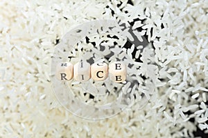Rice alphabet letter word bead fly with completed grain seed. Raw Rice concept to refresh morning meal. Raw Rice grain seed,
