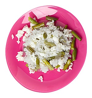 Rice with asparagus beans on a plate isolated  on white background .healthy  vegetarian food top view. Asian cuisine