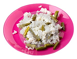 Rice with asparagus beans on a plate isolated on white background .healthy vegetarian food top view. Asian cuisine