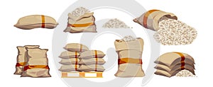 Rice bags. Pile with sackful textile objects grain agricultural collection vector sacks in cartoon style