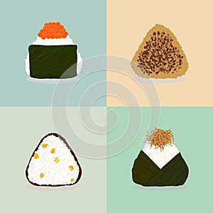 Rice balls. Japanese cuisine. Four onigiri types.