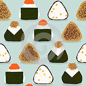 Rice balls. Japanese cuisine. Four onigiri types.