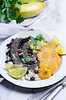 Rice with black beans, fried tostones, plantains, guacamole sauce photo