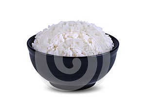 Rice in black cup Isolate on white background.