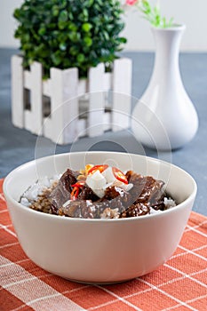 A rice bowl of chinese braised beef shank topped with red onion and chili pepper