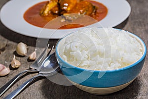 Rice in a bowl on table