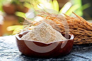 Rice bran and ear of rices on nature background