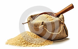 Rice in burlap sack with wooden scoop isolated white background. Fantasy, Minimal, Clean, 3D Render, Surrealistic, Photographic